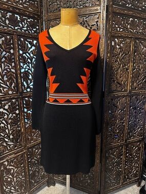 Gianni Bini Black and Orange long sleeve V-Neck Bodycon Dress
